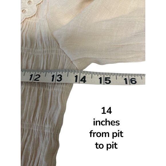 Mine Women’s Blouse Medium Beige Smocked Puff Sleeve Peplum Top Eyelet Peter Pan - Picture 5 of 6